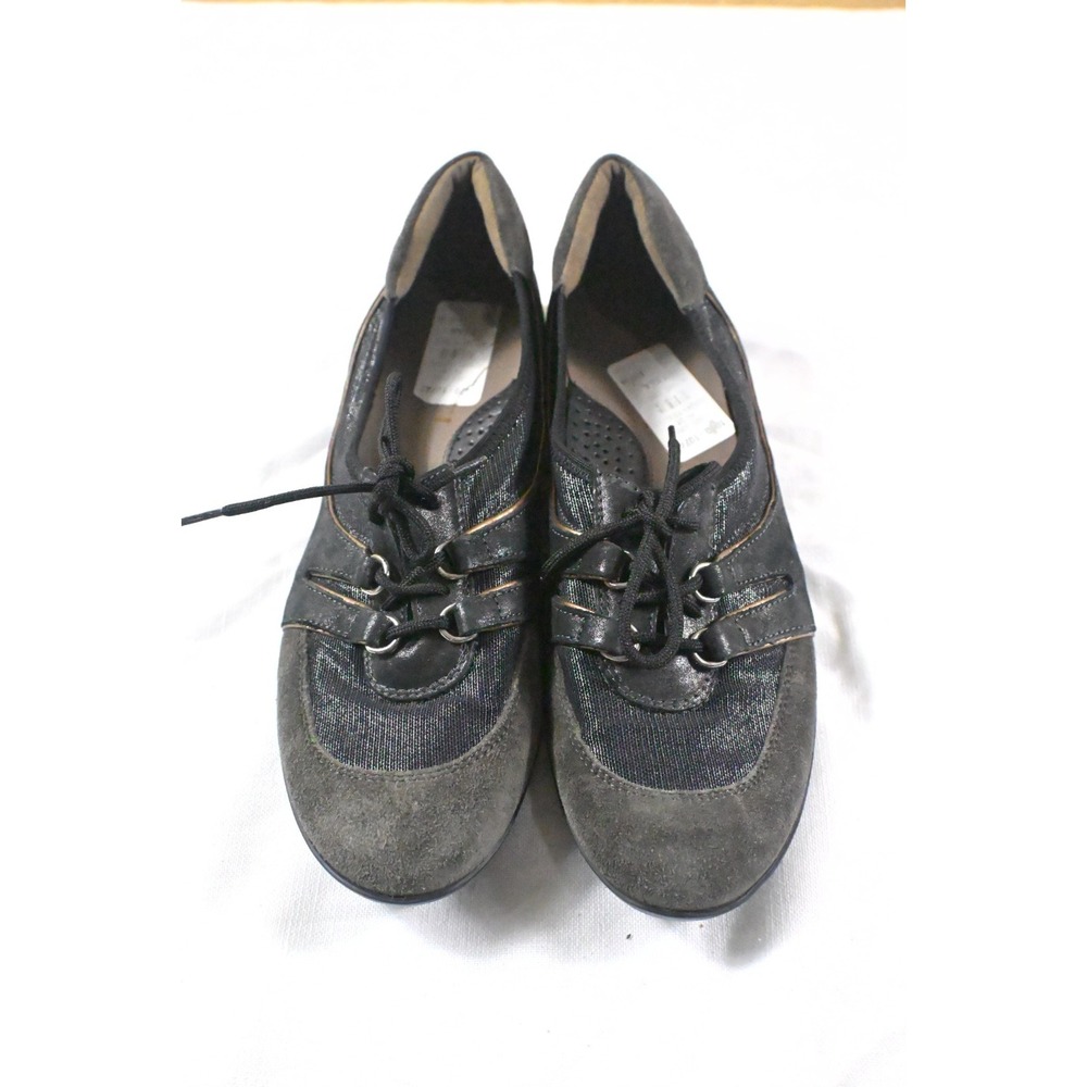 Sesto Meucci Pewter Metallic Suede Oxford Comfort Flats Lace Up Italy Sz 7.5 AA
